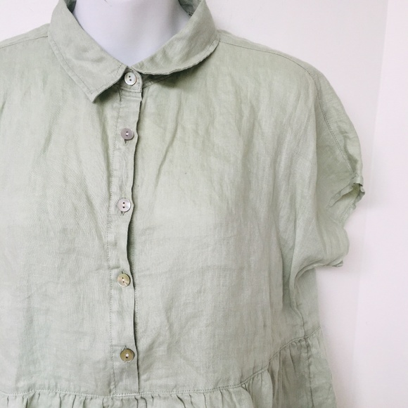 Cynthia Rowley Blouse 100% Linen Sz S Cap Sleeve Baby Doll Green Relaxed Fit - Picture 2 of 5